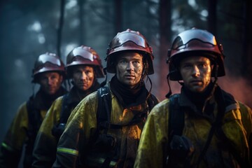 Naklejka premium Men at the Firefront: Striking image showcasing male firefighters at the forefront of battling a forest fire