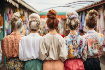 Back view close-up of women in fashionable clothing and trendy hairstyles, their diverse fashion choices creating a visually dynamic composition