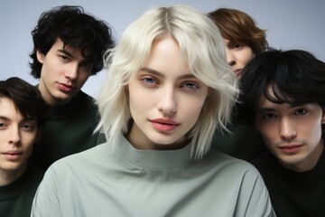 Young woman standing amidst four young men, creating a dynamic group composition