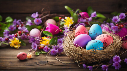 Obraz na płótnie Canvas Easter painted colorful eggs in a nest and fresh flowers on a wooden background.copy space.Easter card. 
