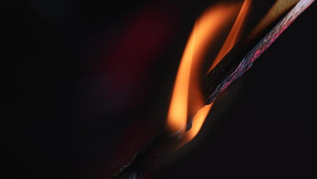Burning match on black background of studio. Flame sizzles the wooden match and it gradually fades out. The wind blows the match out and a cloud of blue smoke appears. Macro shot.