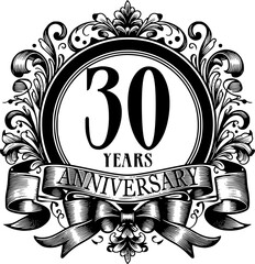 30 years Anniversary, decorated and intricated vector art, black and white