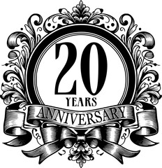 20 years Anniversary, decorated and intricated vector art, black and white