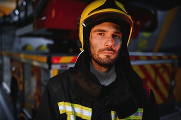 Portrait of a firefighter in a protective suit and a protective helmet standing by a fire engine after working on a fire. Close-up image