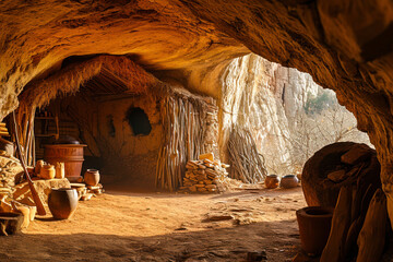 Cave dwelling community, an image of a primitive society living in cave dwellings, emphasizing early human habitats and lifestyle, with copy space for educational content and historical storytelling. - obrazy, fototapety, plakaty
