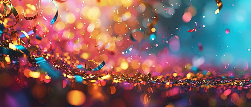 fondo abstracto colorido de confeti y purpurina brillante de colores amarillo, azul, dorado y morado, sobre fondo desenfocado bokeh, cocepto de cumplea&ntilde;os y celebraciones