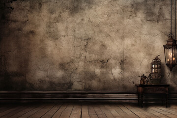 Antique wall with a cracked grunge background and vintage lantern