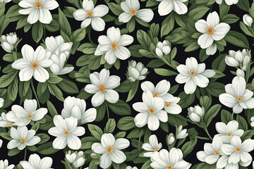A Beautiful pattern of White Flowers Amidst Lush Green Leaves