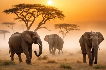 Obraz premium Beautiful African elephants walk through the dust of the hot savanna, artistic image.