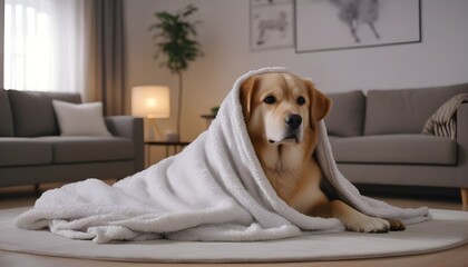 An old dog covers himself with a blanket in the living room, to protect himself from the cold.