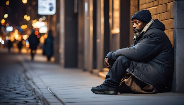 Black man kneeling on street sidewalk, begging for money, racialized homeless  man.
