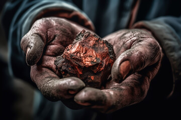 Copper nugget in hands of miner. Gold rush. Copper in hands of the Gold Miner after gold mining. Miner Digging ore. Geologist extracts iron ore and Copper metal. Mining ore. - obrazy, fototapety, plakaty