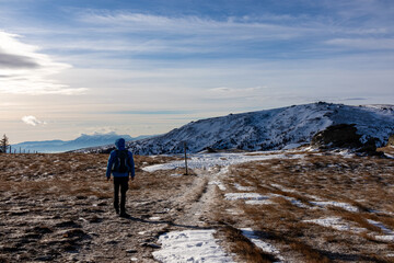 Fototapeta premium Man with backpack hiking in cold windy winter at Ladinger Spitz in the Saualpe mountain range, Lavantal Alps, Carinthia, Austria, Europe. Hike path along on alpine pasture. Tourism Wolfsberg