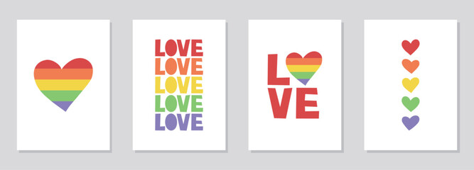  Happy Valentine's Day cards set. Vector illustration. Flat rainbow colors paper hearts on a white background. Cute love sale banners or greeting cards