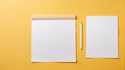 top view blank white sheet of paper on yellow desk, backdrop with copy space