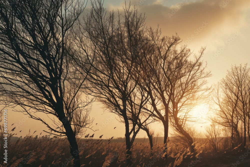 Poster a beautiful sunset with the sun setting behind the trees in a field. perfect for nature and landscap