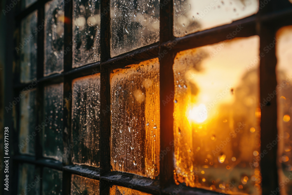 Poster A captivating image of the sun setting through the window of a building. This picture can be used to depict the beauty of nature and the tranquility of urban landscapes