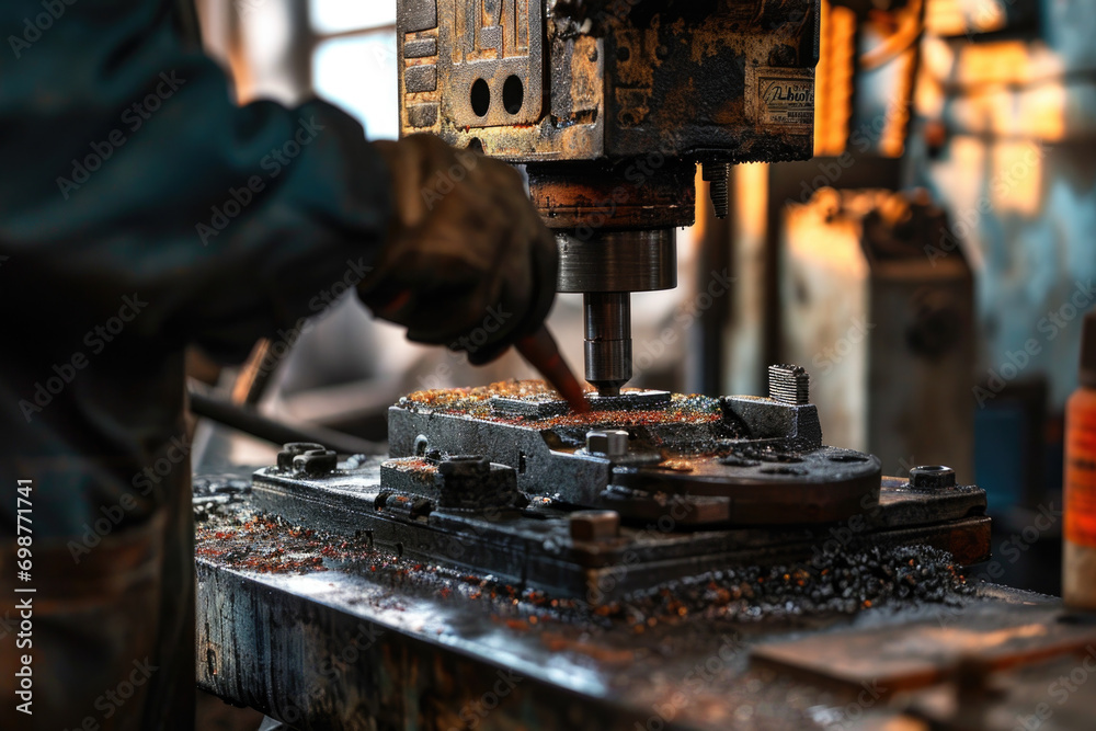 Poster A man is seen working on a machine in a factory. This image can be used to represent industrial work, manufacturing processes, or technology advancements in the workplace