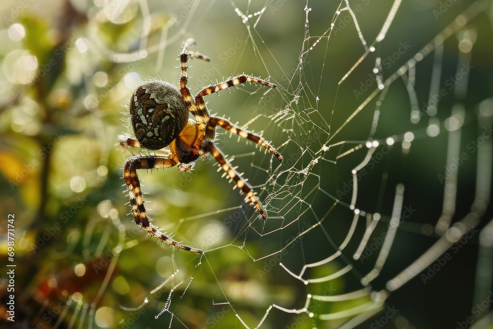 Poster a spider sitting on top of a spider web, ready to catch its prey. perfect for illustrating the beaut