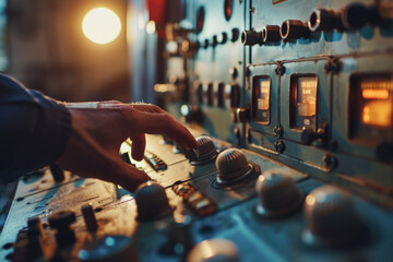 A person's hand pressing a button on a control panel. Can be used to illustrate technology, automation, or human-machine interaction - obrazy, fototapety, plakaty