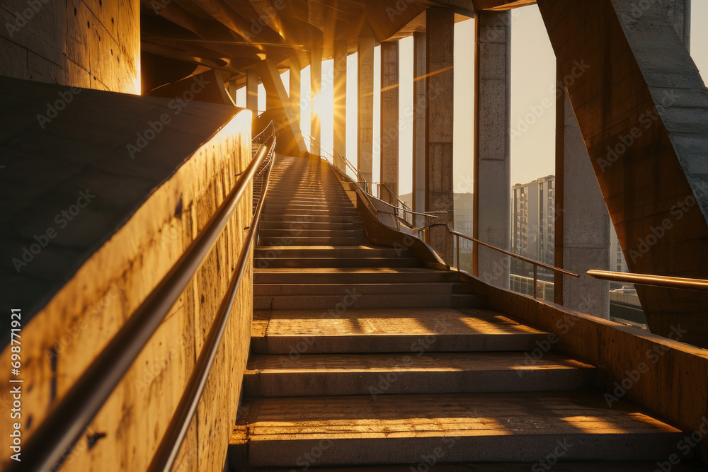Poster a set of stairs going up to the top of a building. suitable for architectural and urban themes