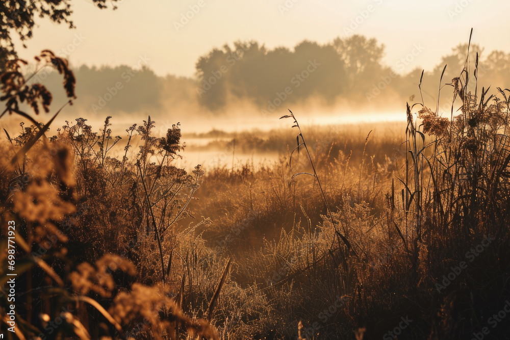 Poster a misty field with tall grass and trees in the background. suitable for nature or landscape themes