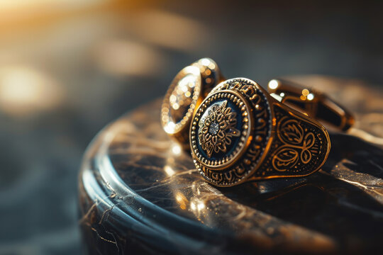 A close-up view of a ring placed on a table. This image can be used for jewelry advertisements or as a symbol of commitment and love