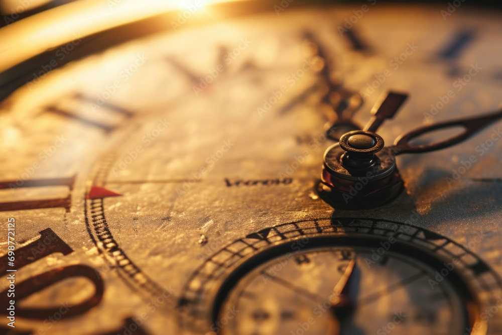 Poster a detailed close-up of a clock with traditional roman numerals. perfect for illustrating the concept