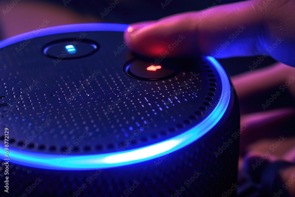 Poster a detailed close-up of a person's finger resting on a speaker. this image can be used to illustrate 