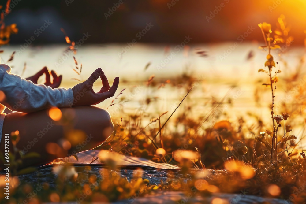 Poster a person sitting in a field practicing yoga. this image can be used to promote relaxation and mindfu