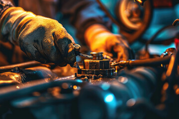 A close up of a person working on a motorcycle. Ideal for automotive repair or maintenance concepts