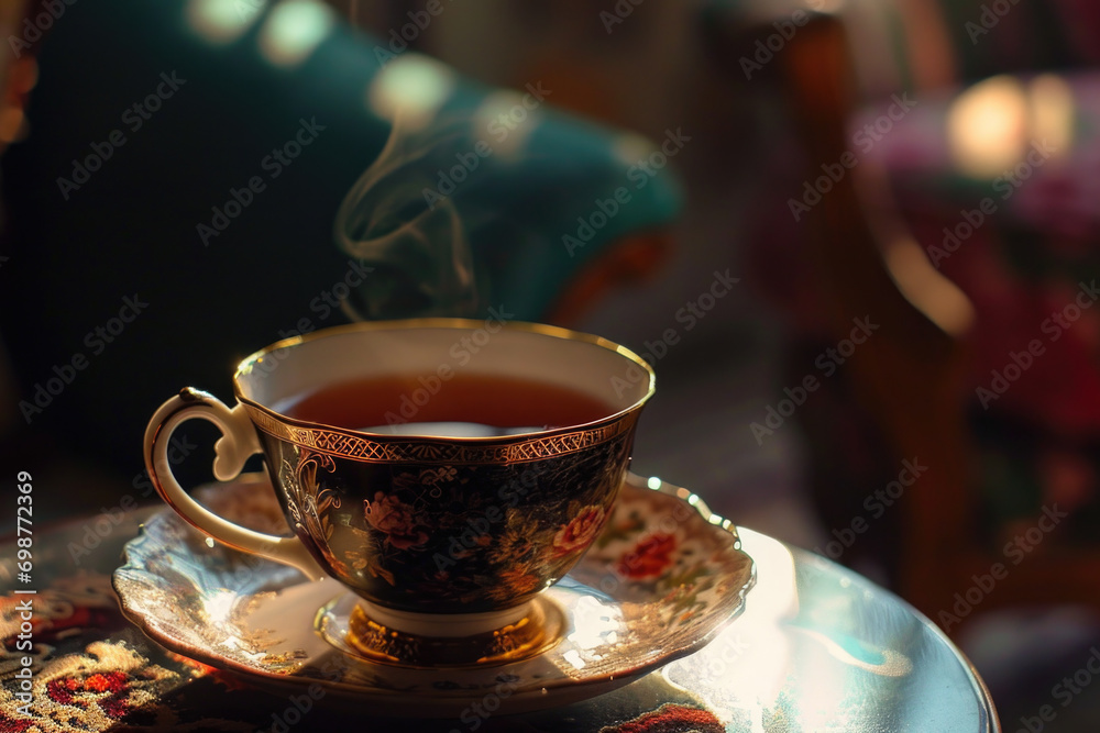 Poster a cup of tea on a saucer resting on a table. perfect for illustrating relaxation or a cozy atmospher