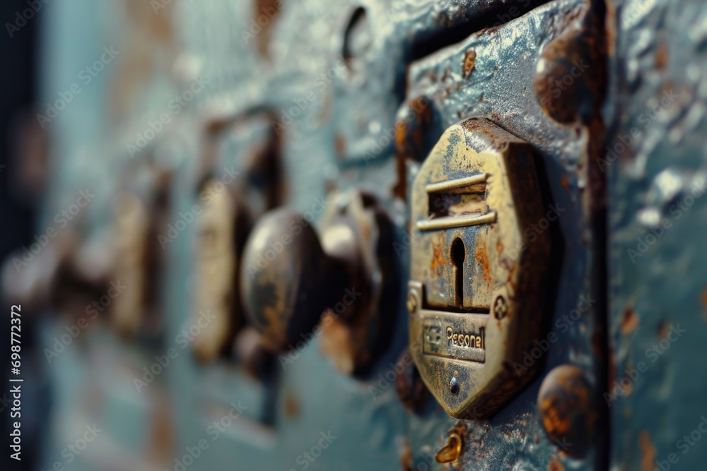 Poster a detailed close-up of a metal latch on a door. this image can be used to showcase the durability an