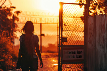 A woman is seen walking away from a gate during the beautiful sunset. This image can be used to...