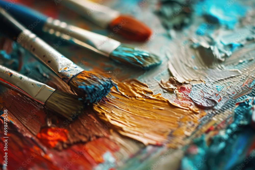 Poster close-up view of paint brushes on a palette. suitable for art and painting concepts