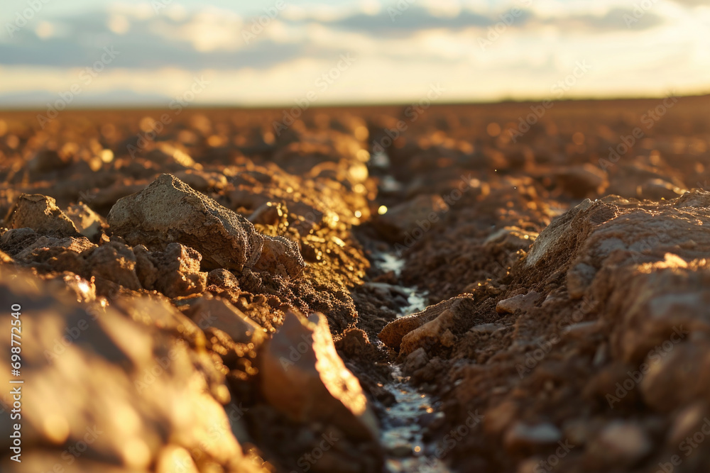 Poster a small stream of water running through a muddy field. suitable for nature or landscape themes