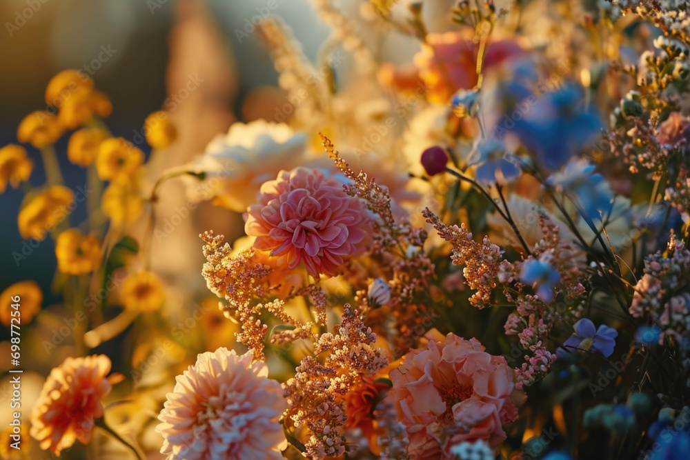 Poster A close-up view of a vibrant bunch of flowers. Perfect for adding a pop of color to any project or design