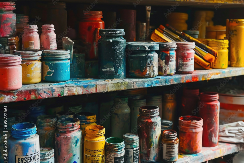 Poster a collection of paint cans neatly arranged on a shelf. perfect for interior design projects or diy e