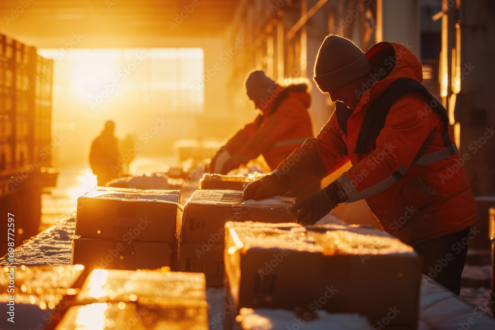 Poster a group of men in orange jackets working together to load boxes. this image can be used to depict te