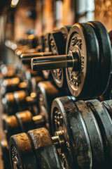 A close-up view of a row of dumbbells in a gym. Can be used to illustrate fitness, strength training, or workout concepts - obrazy, fototapety, plakaty