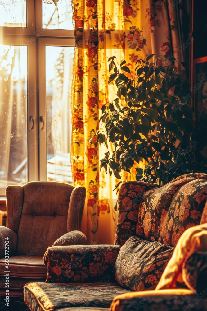 Poster a warm and inviting living room filled with comfortable furniture and a large window providing natur