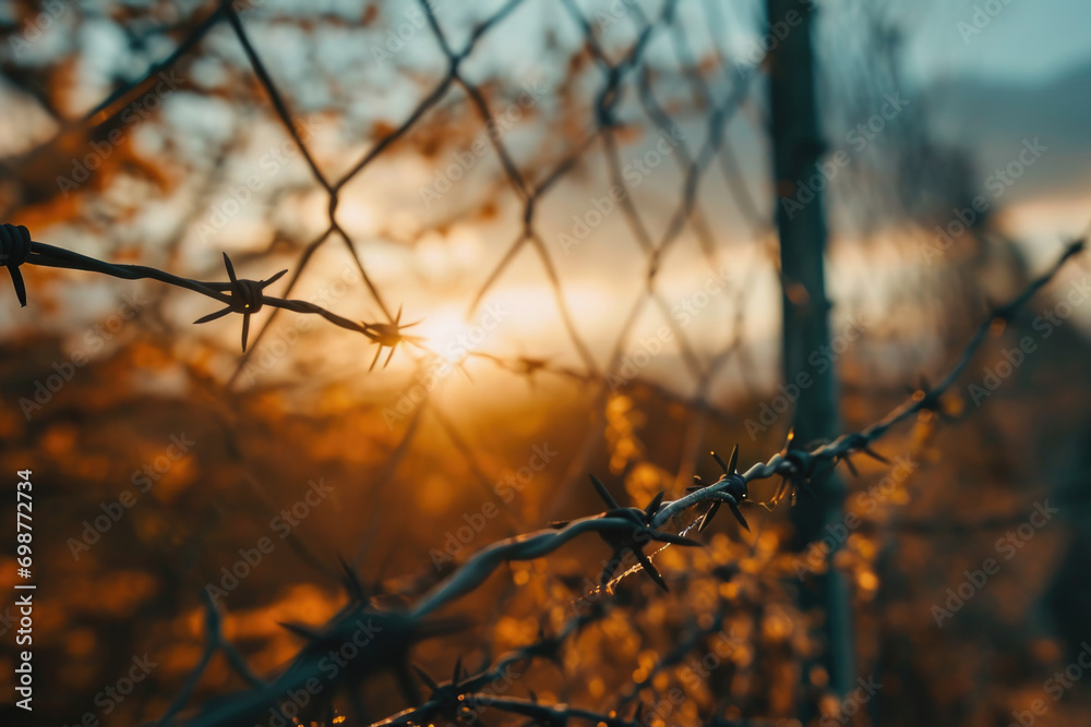 Aufkleber a captivating image of a barbed wire fence with the sun setting behind it. perfect for conveying the