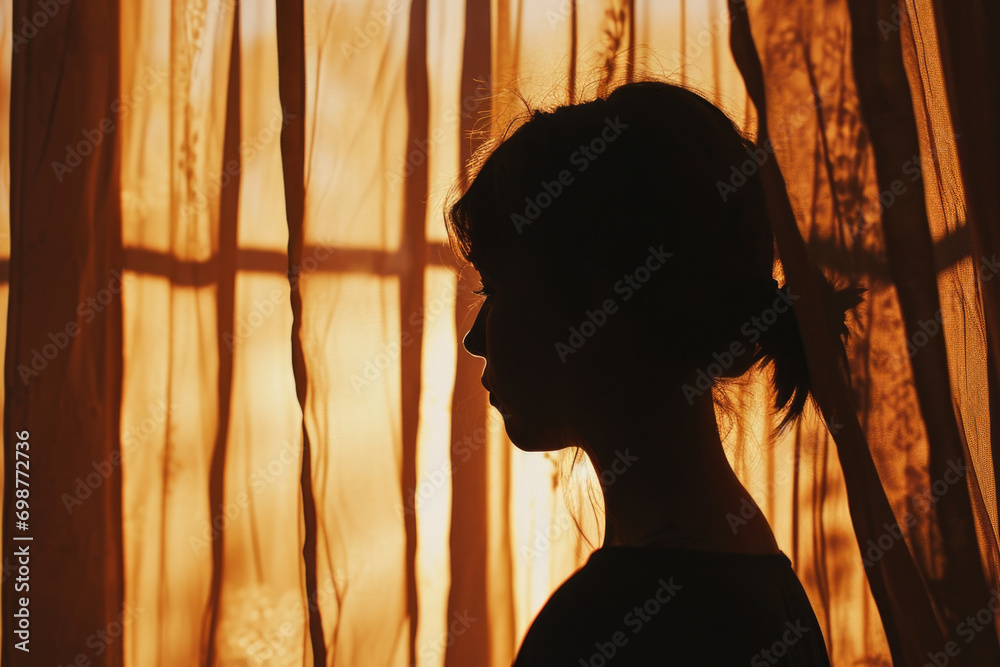 Aufkleber A silhouette of a woman standing in front of a window. Suitable for various themes and concepts
