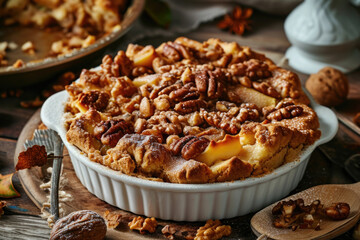 A delicious pie served on a wooden table. Perfect for food-related projects and recipe illustrations