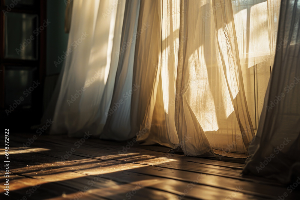 Poster Sunlight streaming through the curtains in a room. Perfect for adding warmth and natural lighting to any design project
