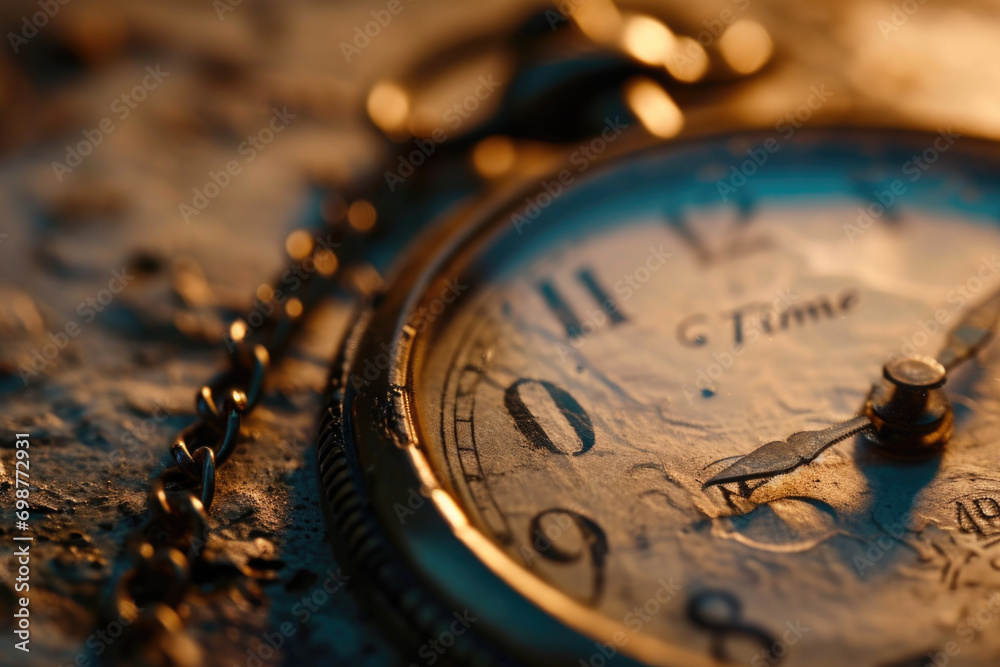 Poster a detailed close-up of a pocket watch placed on a table. this image can be used to depict concepts s