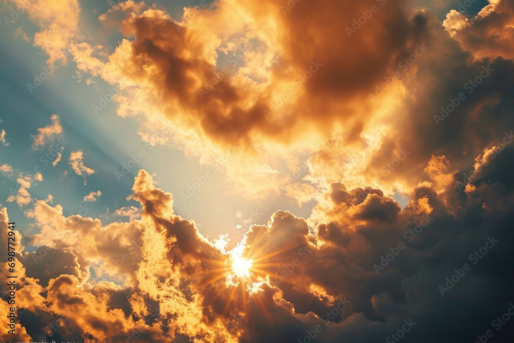 Poster Sun shining through clouds in the sky. Ideal for nature and weather-related projects