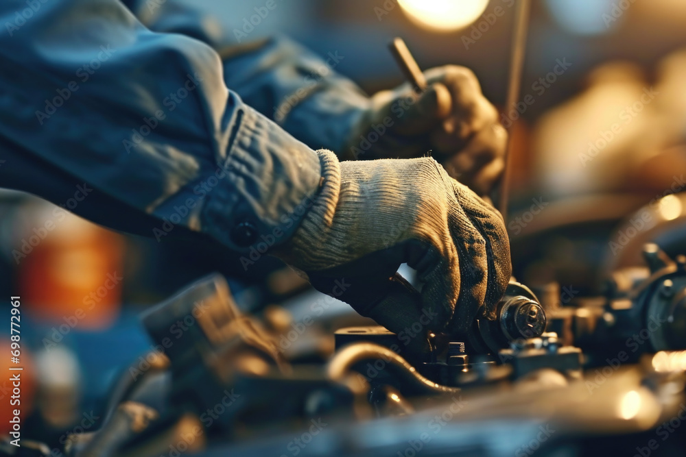 Poster a close-up view of a person working on a car engine. this image can be used to illustrate automotive