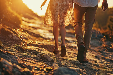 A man and a woman are walking together on a dirt road. This image can be used to depict a couple going for a leisurely walk or exploring a rural area - obrazy, fototapety, plakaty