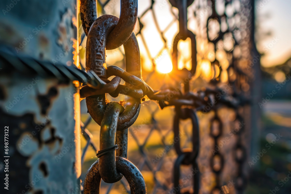 Poster Close-up view of a chain link on a fence. Versatile image suitable for various purposes